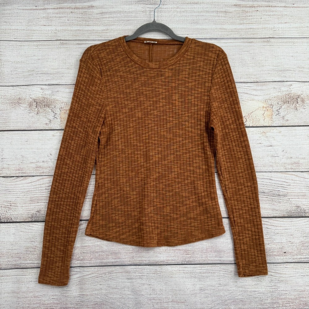 Free People Long Sleeve Top Women Small Brown Ribbed Knit Crew Neck Slim Fit